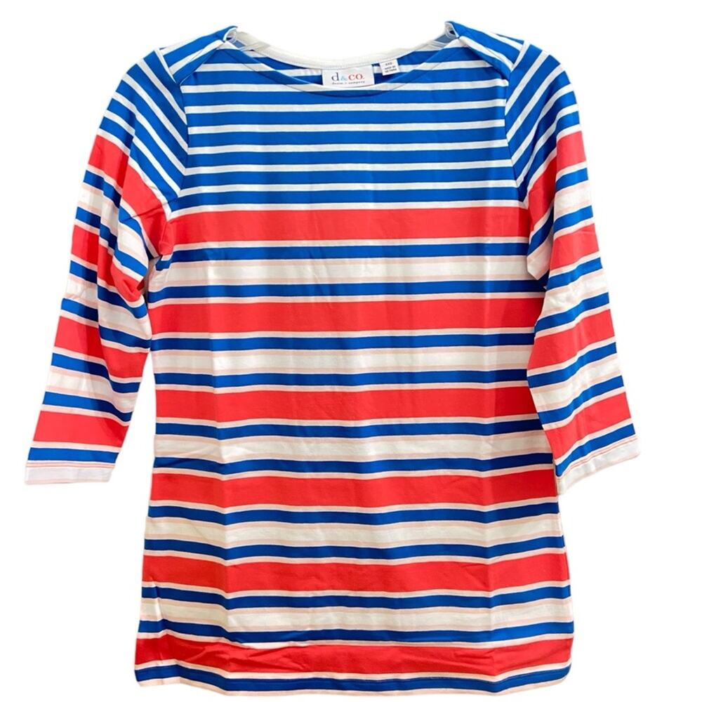 NWT Denim & Co Coral Pink Blue White Striped 3/4 Sleeve Top Coastal XXS/XS d&co
